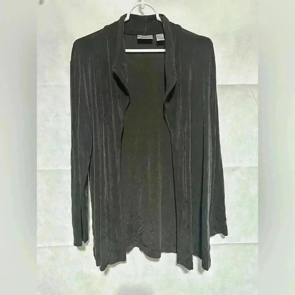 Chicos Travelers Open Front Cardigan jacket Sz 2 US L Black Slinky Long Sleeve